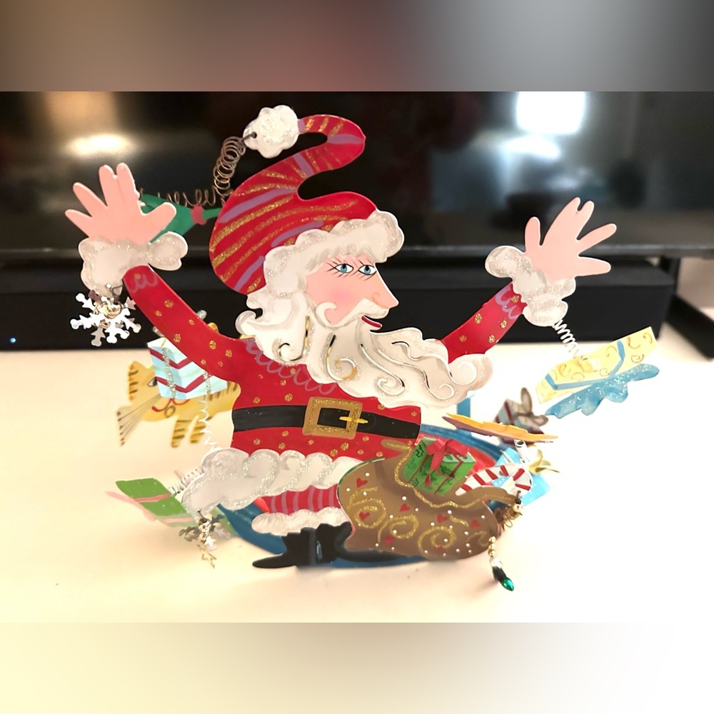 ROSSI Vintage Whimsy Santa Claus Tin Metal Sculpture Candle Card Holder Signed
